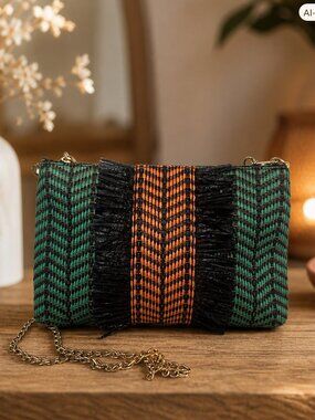 Elaine Turner Teal & Orange Raffia  Crossbody Bag